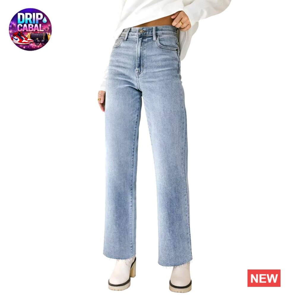 High Waisted Straight Leg Jeans Raw Hem Cropped Wide Leg Stretchy Frayed Baggy